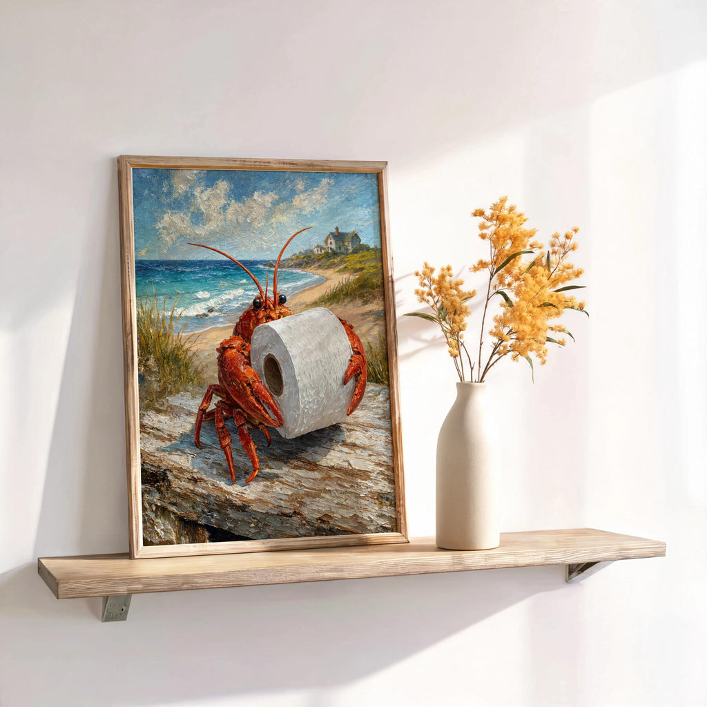 Small shelf vignette with dried flowers and framed funny lobster bathroom print leaning, warm sandy tones and blue ocean