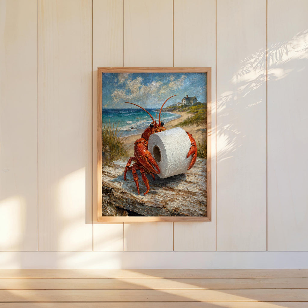 Centered framed funny lobster bathroom print on cream beadboard wall, impressionistic oil texture and playful seaside scene