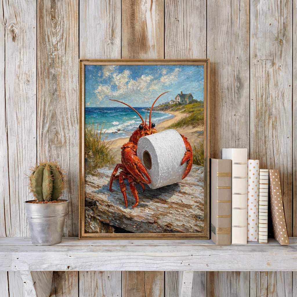 Rustic shiplap wall scene, framed funny lobster bathroom print on shelf with cactus and stacked books, coastal charm