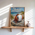 Framed funny lobster bathroom print leaning on a sunlit wooden shelf, textured oil-style lobster with toilet paper