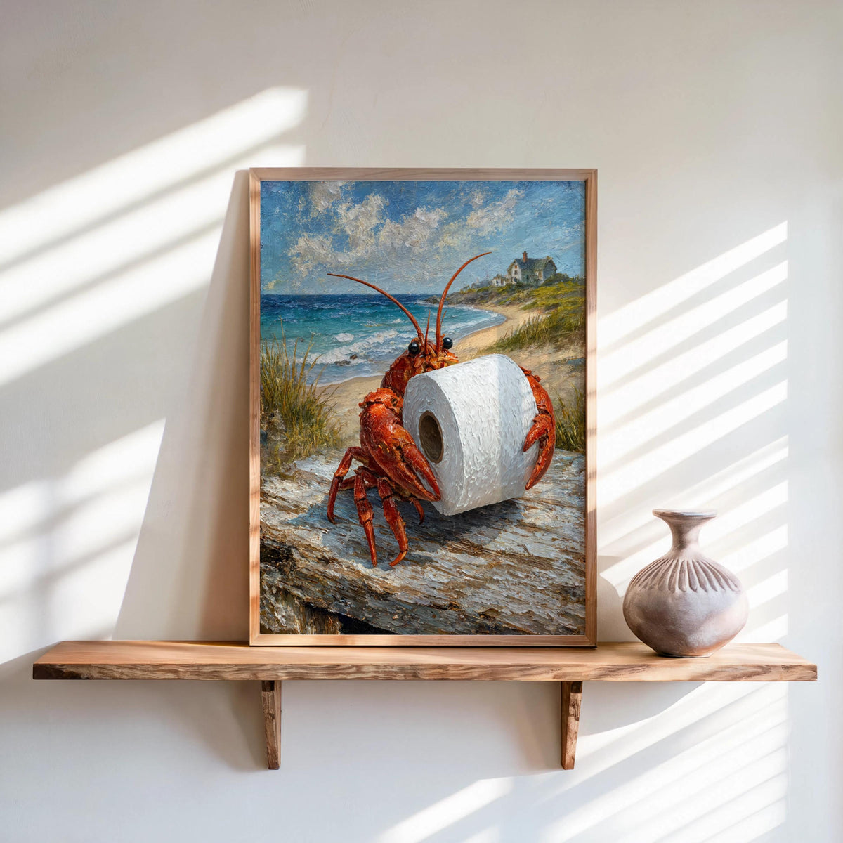 Framed funny lobster bathroom print leaning on a sunlit wooden shelf, textured oil-style lobster with toilet paper