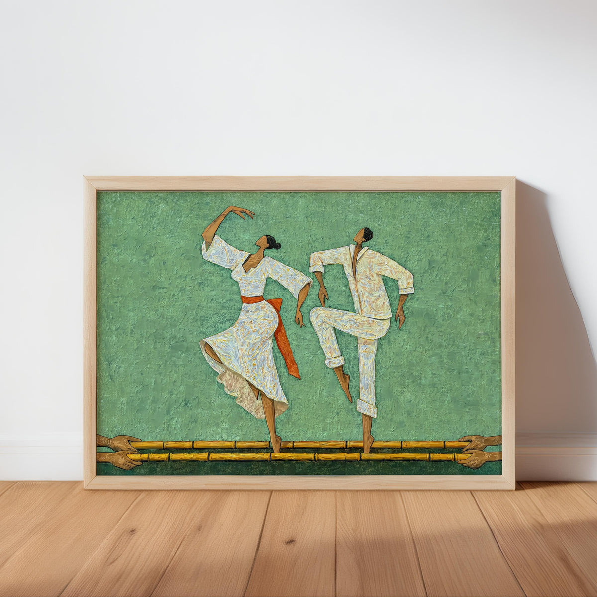 Filipino Tinikling Art Print, framed and leaning, green textured backdrop, stylized couple in traditional clothing