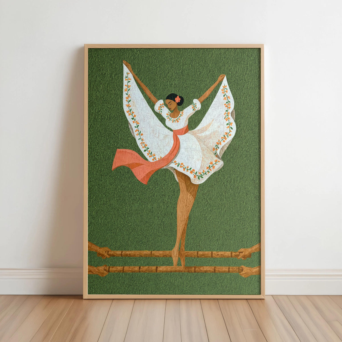 Green textured background, Filipino folk dance wall art with flowing skirt, Pinoy wall decor vibe, Philippines art print