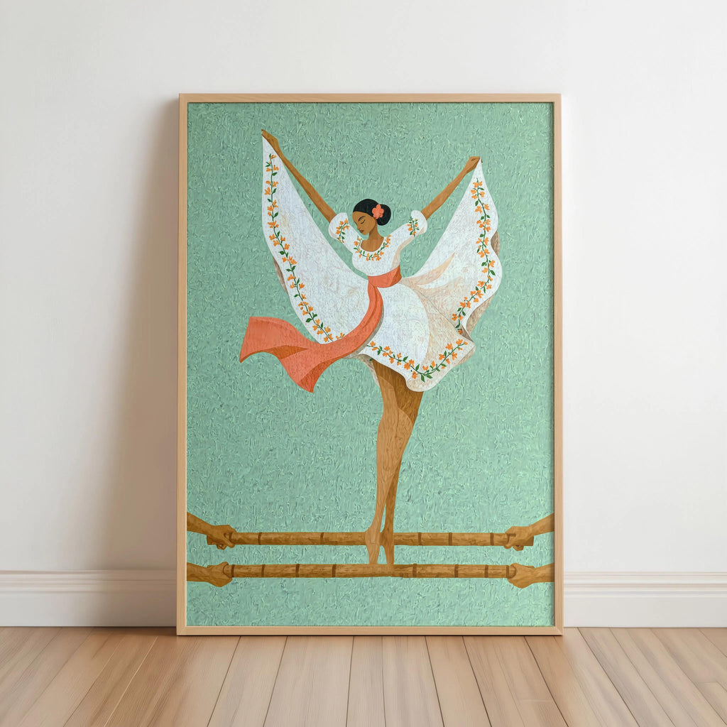 Mint background, Filipina folk dance print, elegant Tinikling-inspired pose, white dress and red sash