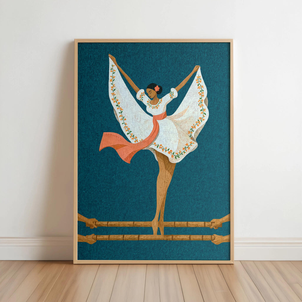 Deep teal version of Filipino folk dance wall art, bold contrast, Filipina in butterfly sleeves, vintage textured backdrop