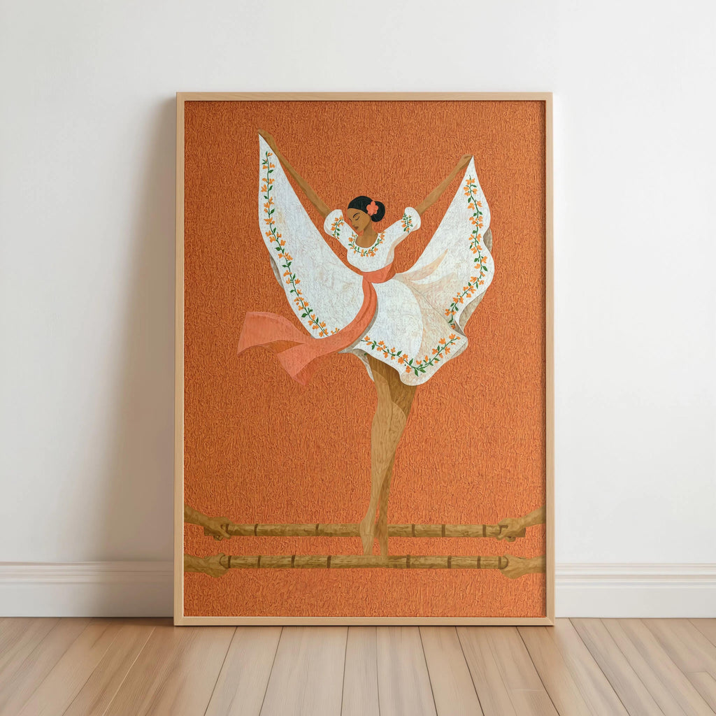Terracotta background, Filipino folk dance wall art showing graceful Tinikling pose, floral details on Maria Clara gown