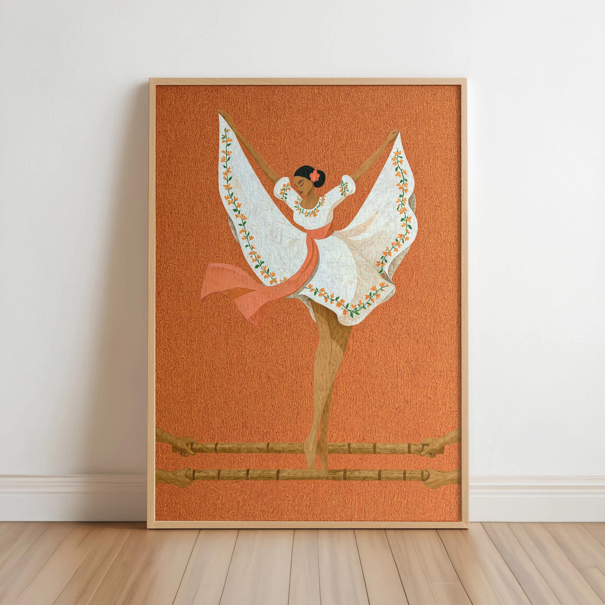 Terracotta background, Filipino folk dance wall art showing graceful Tinikling pose, floral details on Maria Clara gown