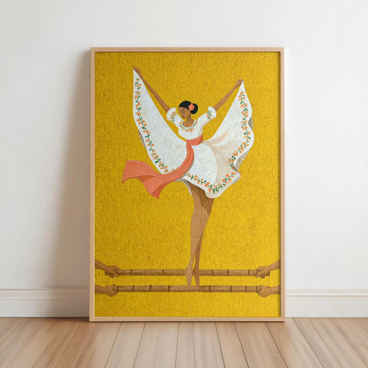 Leaned framed Filipino folk dance wall art, mustard yellow background, Maria Clara wall art with flowing red accents