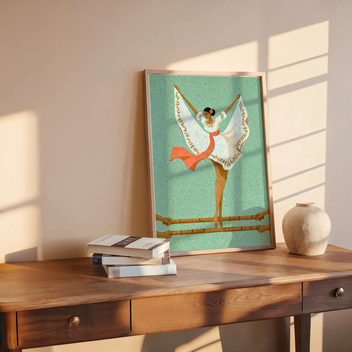 Mint-toned Filipina folk dance print on wooden table, Maria Clara wall art catching sunlight, textured vintage look