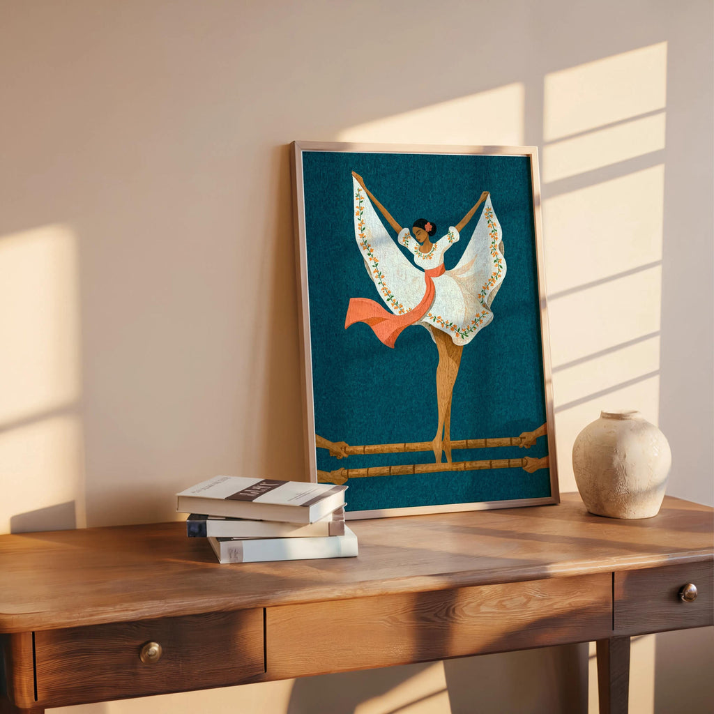 Cozy shelf display, deep teal Filipino folk dance wall art leaning on table, Filipina dancer poster beside ceramic accent