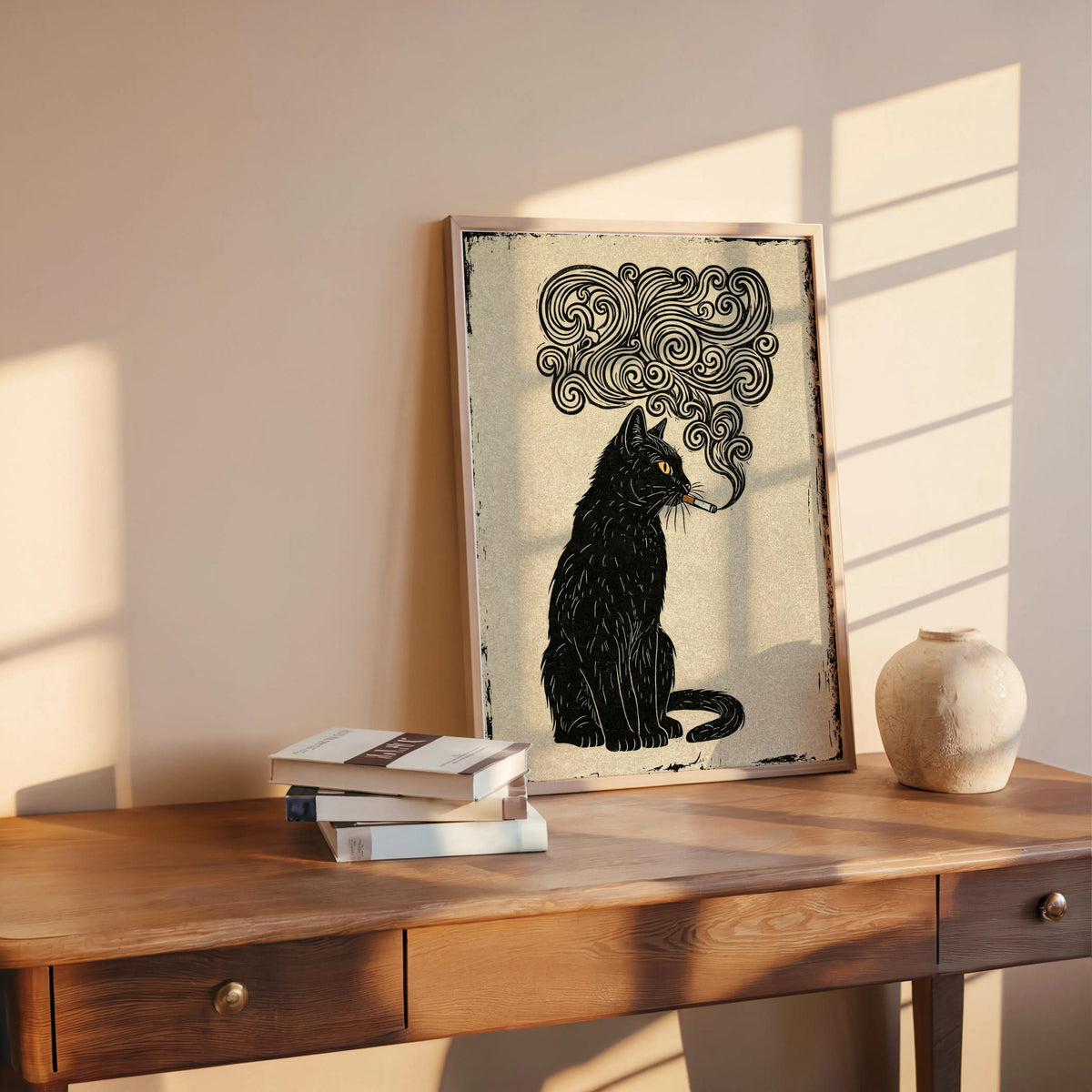 Smoking Black Cat Art Print, Vintage Linocut Cat Poster, Japanese Feline Wall Decor Quirky Animal Illustration Moody Woodblock Dark Academia