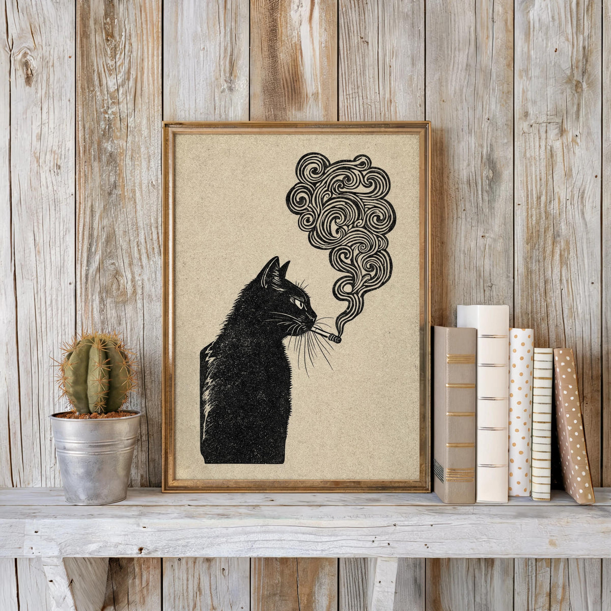 black cat smoking, japanese style woodblock print, retro vintage poster