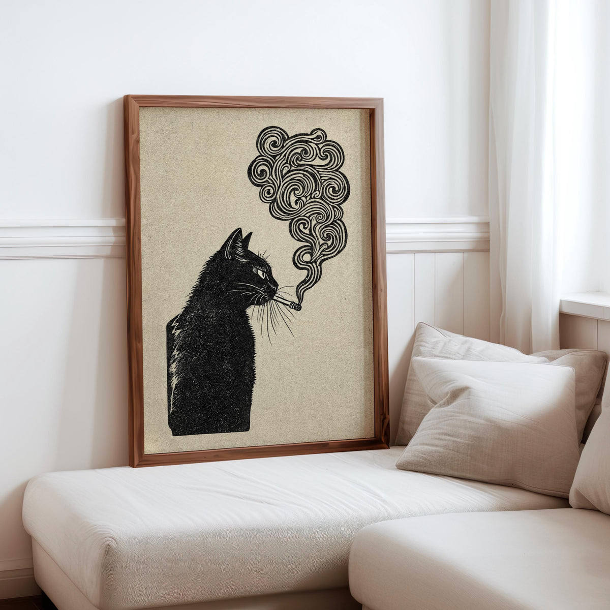 black cat smoking, japanese style woodblock print, retro vintage poster