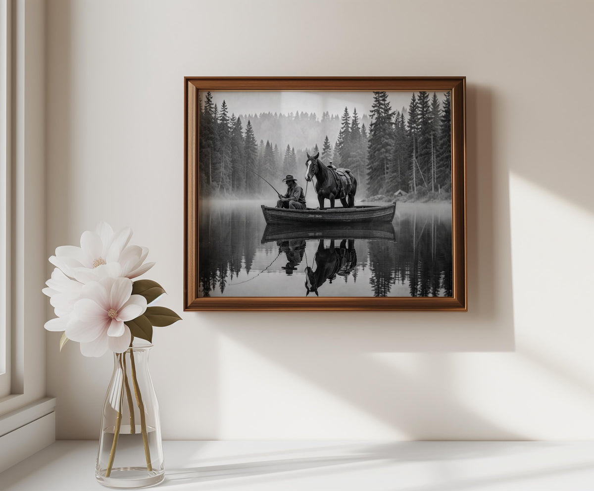 Wall-hung frame above a vase, cowboy horse wall decor in black and white, misty mountain lake scene