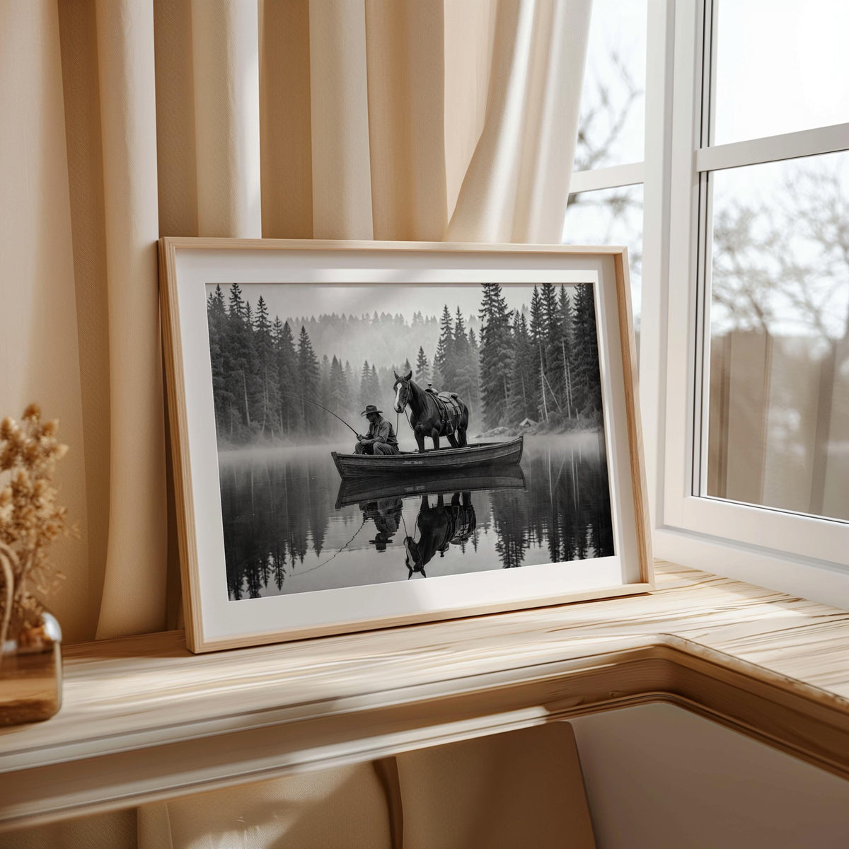 Cozy window seat display, rustic cabin wall decor with framed black and white western lake art on ledge