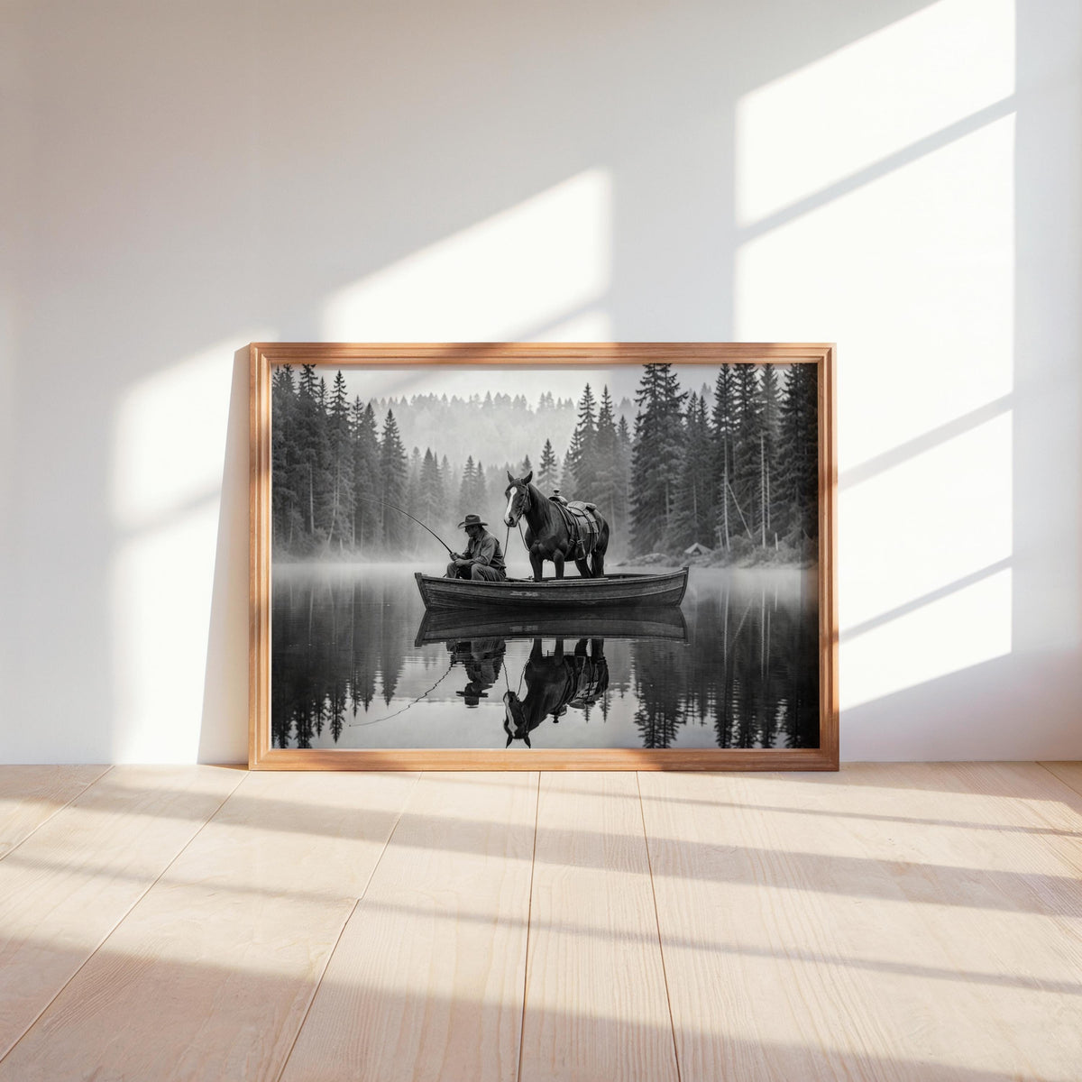 Low-angle sunlight on a framed black and white western art print leaning, cinematic foggy lake