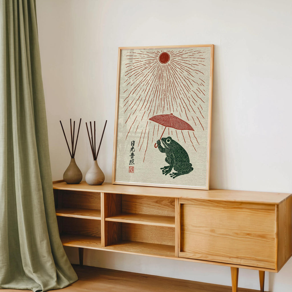 Japanese Style Frog Print, Woodblock Sun and Parasol Poster, Ukiyo-e Amphibian Wall Art, Red Sun Rain Decor, Quirky Nature Gift
