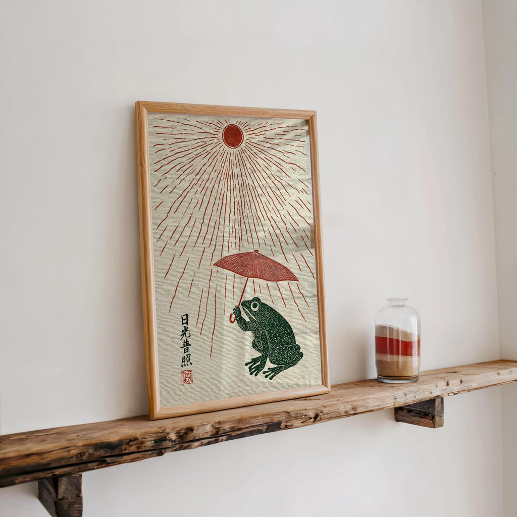 Japanese Style Frog Print, Woodblock Sun and Parasol Poster, Ukiyo-e Amphibian Wall Art, Red Sun Rain Decor, Quirky Nature Gift