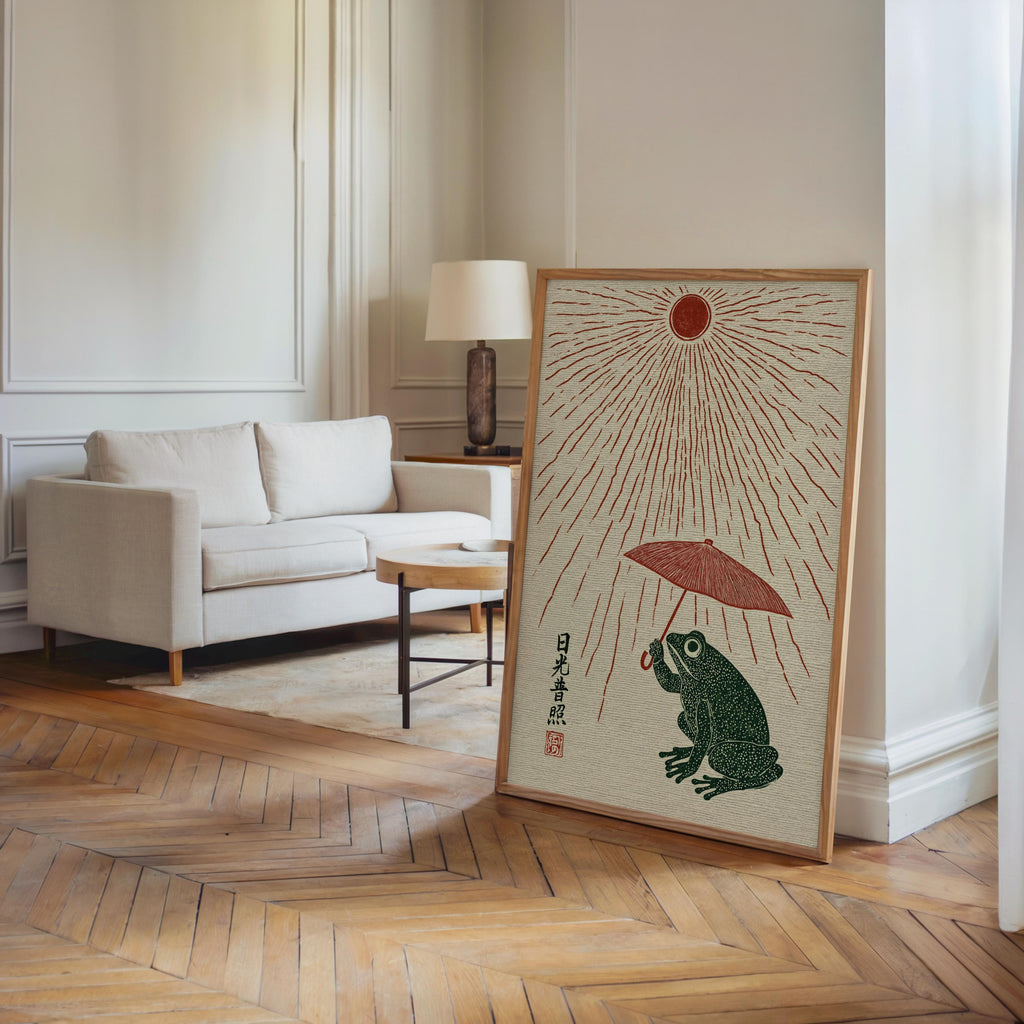 Japanese Style Frog Print, Woodblock Sun and Parasol Poster, Ukiyo-e Amphibian Wall Art, Red Sun Rain Decor, Quirky Nature Gift