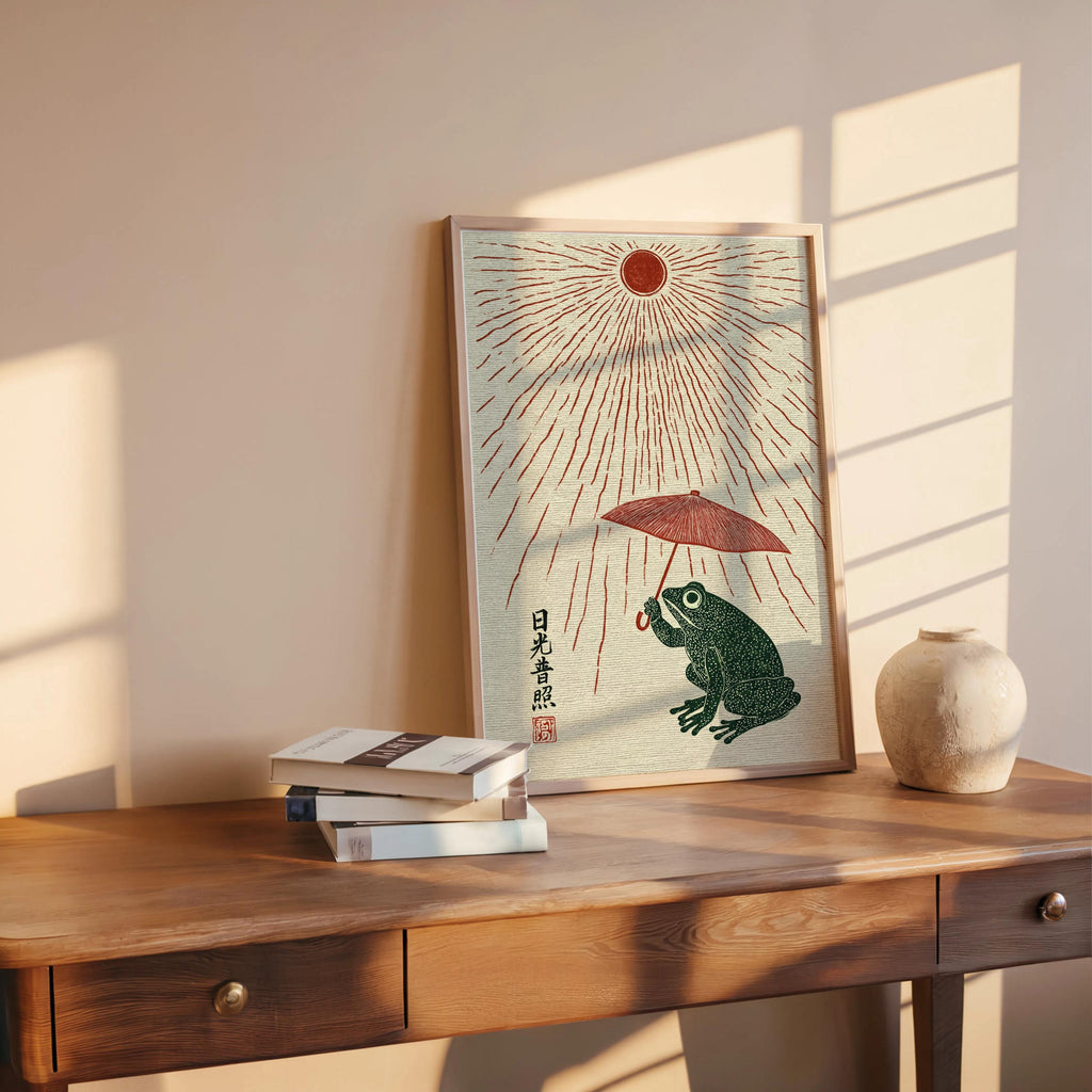 Japanese Style Frog Print, Woodblock Sun and Parasol Poster, Ukiyo-e Amphibian Wall Art, Red Sun Rain Decor, Quirky Nature Gift