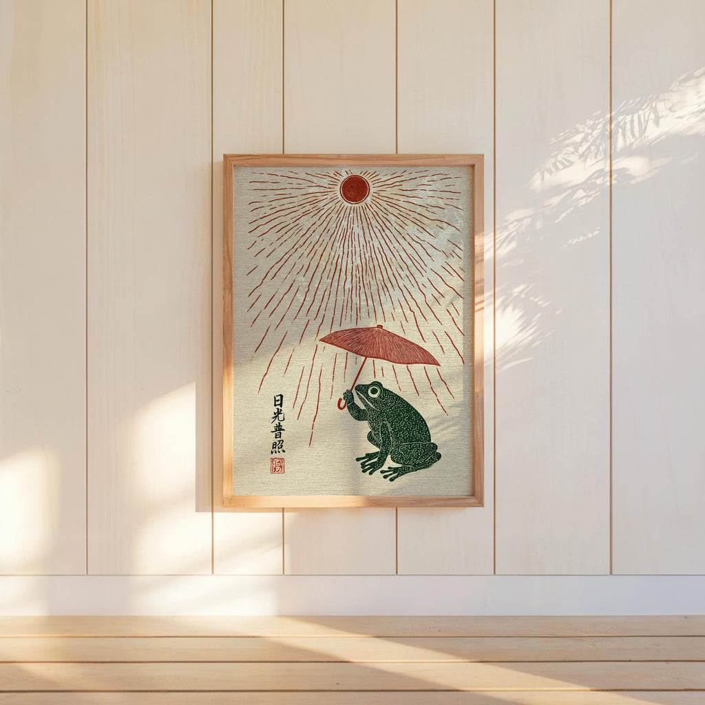 Japanese Style Frog Print, Woodblock Sun and Parasol Poster, Ukiyo-e Amphibian Wall Art, Red Sun Rain Decor, Quirky Nature Gift