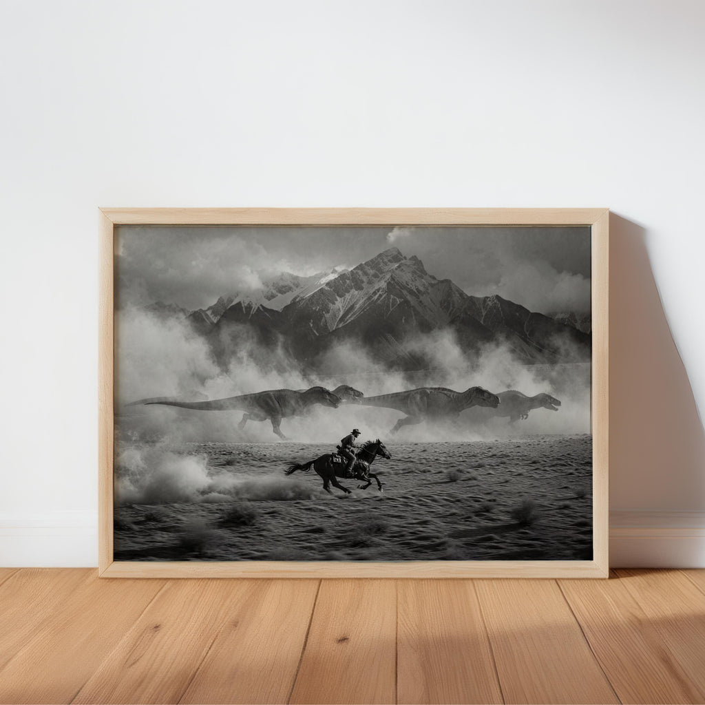 Cowboy Chasing Dinosaurs on Horse Art Print, Surreal Black and White Western Wall Decor, Epic Mountain Landscape Poster, Southwestern Dino