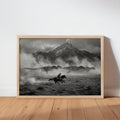 Cowboy Chasing Dinosaurs on Horse Art Print, Surreal Black and White Western Wall Decor, Epic Mountain Landscape Poster, Southwestern Dino