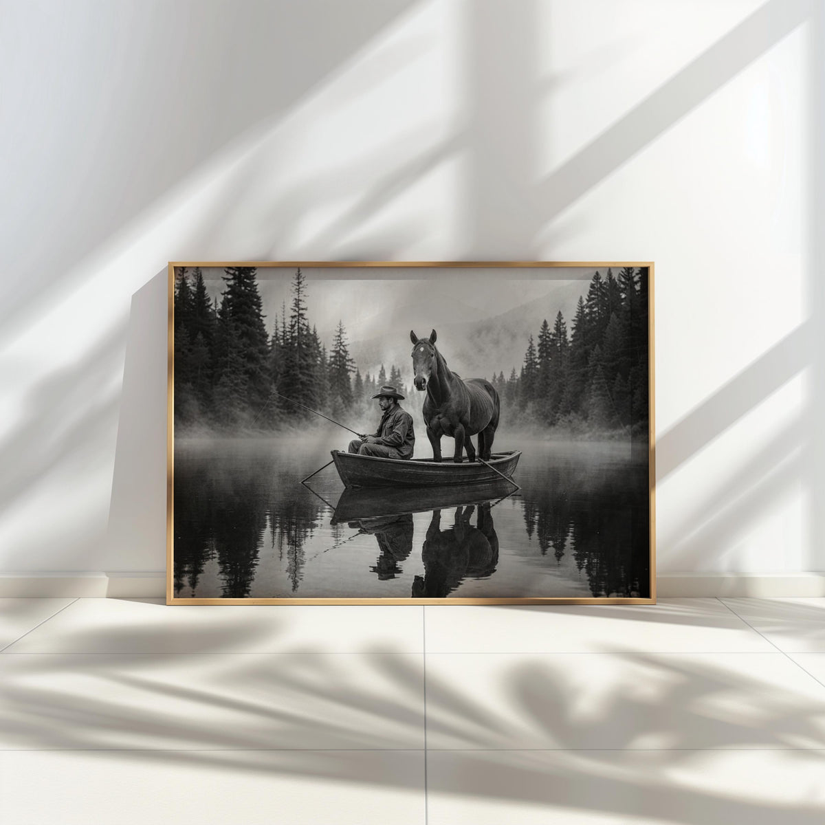 Framed print on floor with soft window shadows, cinematic moody nature photography print in black and white