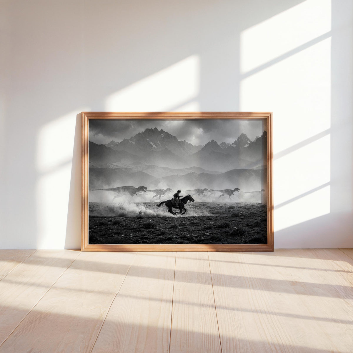 Floor-level framed cowboy dinosaur wall art against sunlit wall, bold contrast and textured foreground