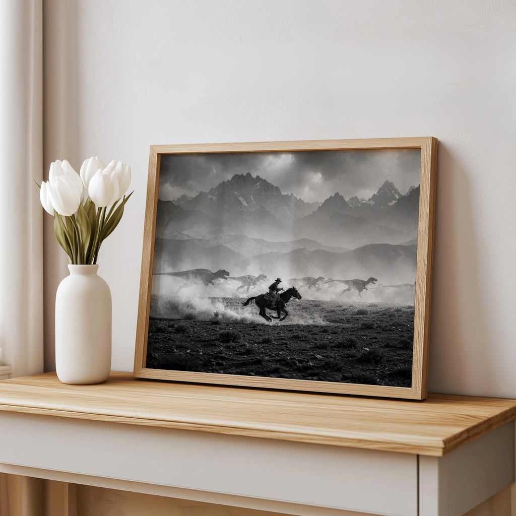 Cowboy dinosaur wall art on console with vase, archival paper print, soft midday light and shadows