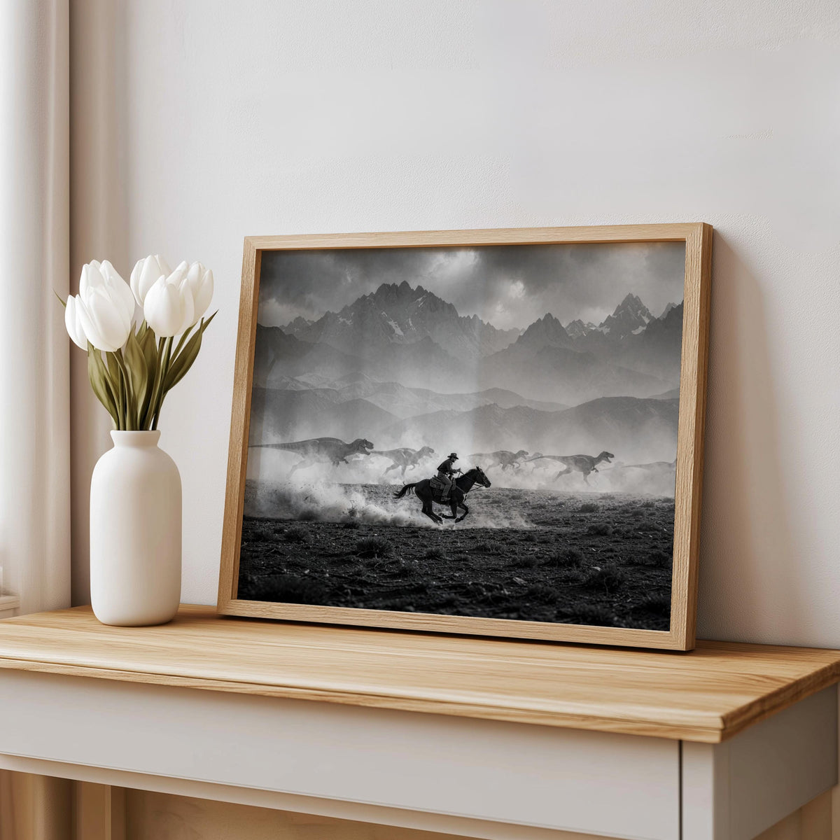 Cowboy dinosaur wall art on console with vase, archival paper print, soft midday light and shadows