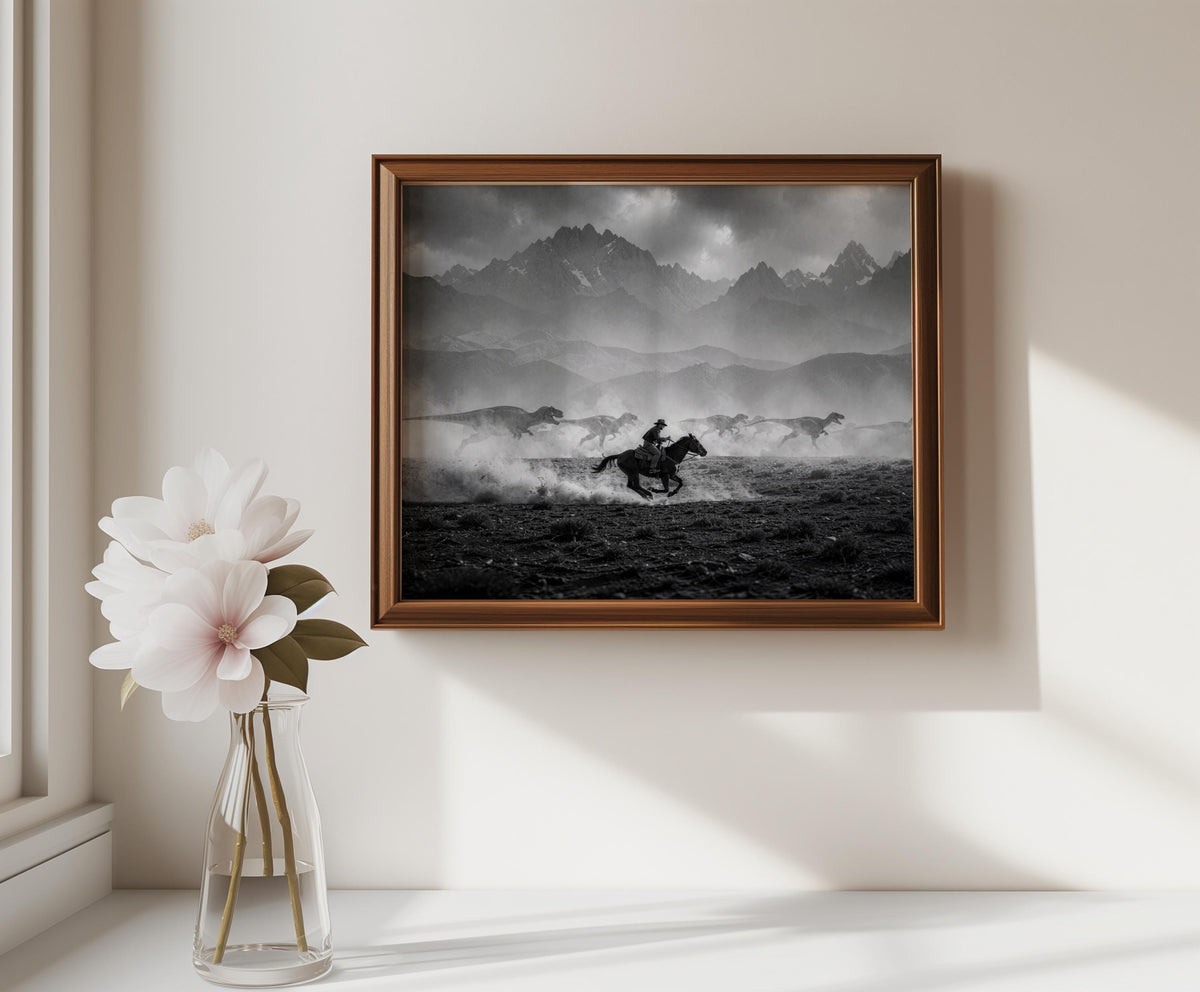 Small framed cowboy dinosaur wall art beside white blossoms, gallery-ready surreal black and white print