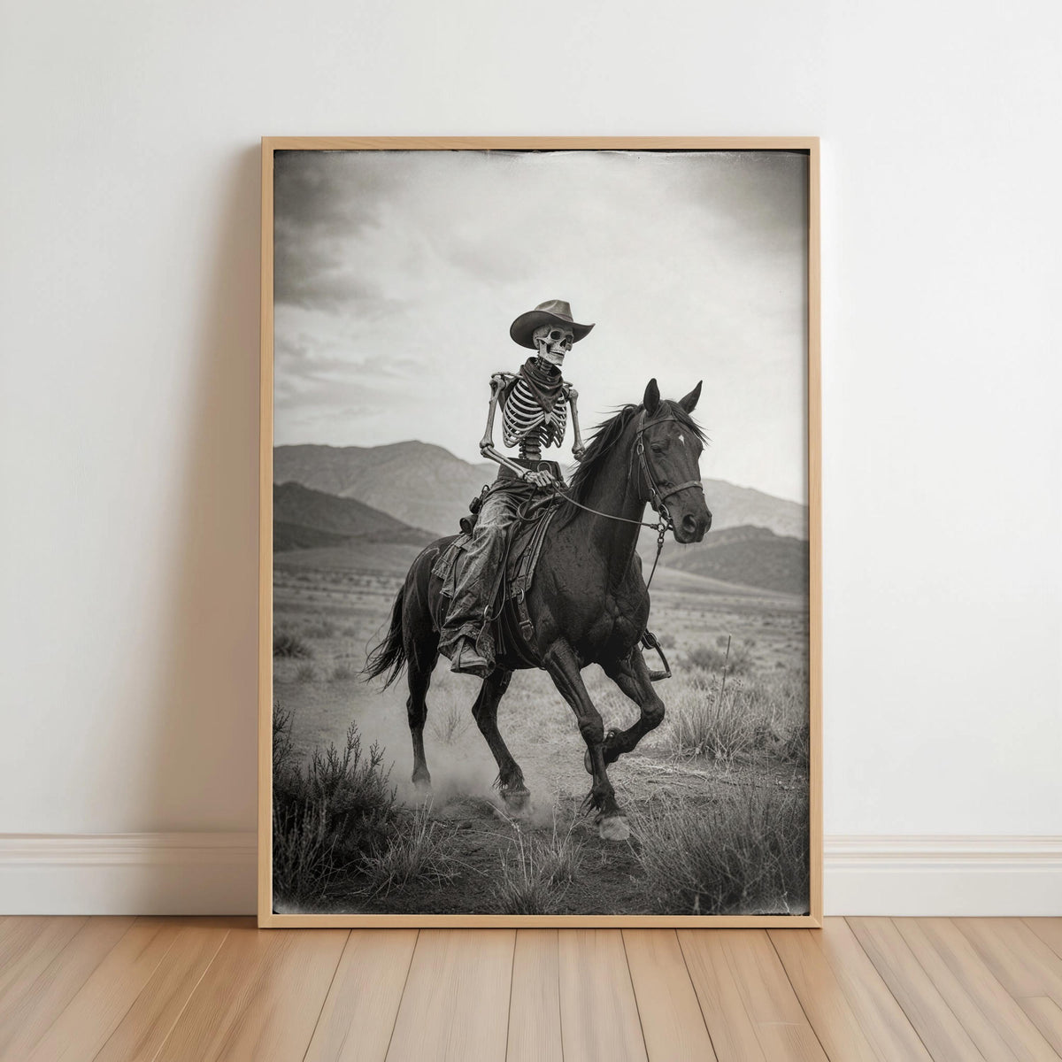 Skeleton Cowboy Riding Horse Art Print, Vintage Western Gothic Wall Decor, Spooky Halloween Desert Landscape Photo, Funny Dark Occult Poster