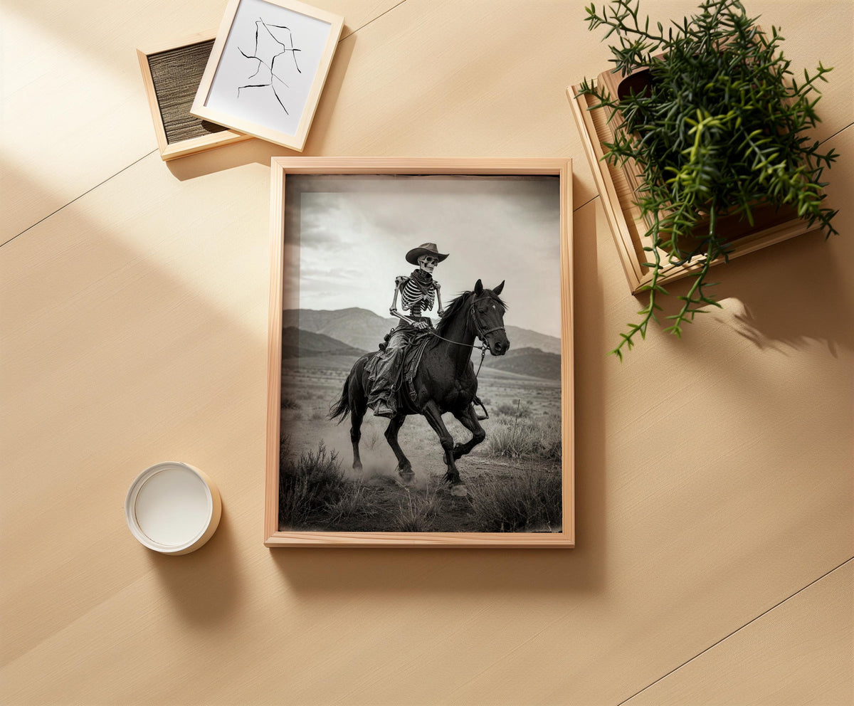 Skeleton Cowboy Riding Horse Art Print, Vintage Western Gothic Wall Decor, Spooky Halloween Desert Landscape Photo, Funny Dark Occult Poster
