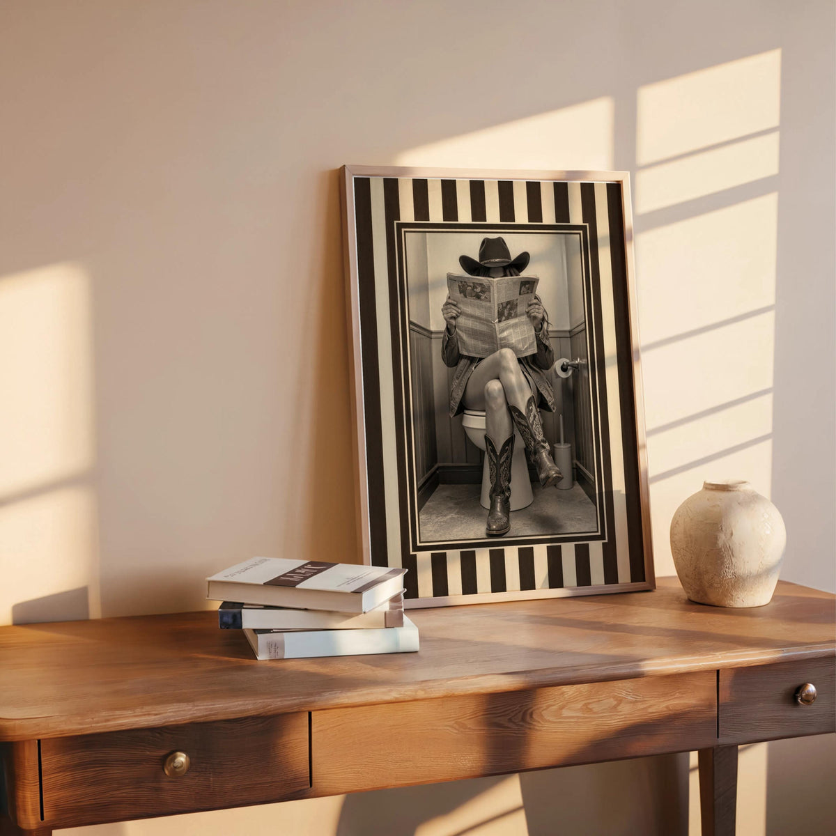 Wooden desk vignette, framed sepia cowgirl on toilet with striped border, eclectic rustic styling, funny cowgirl bathroom wall art