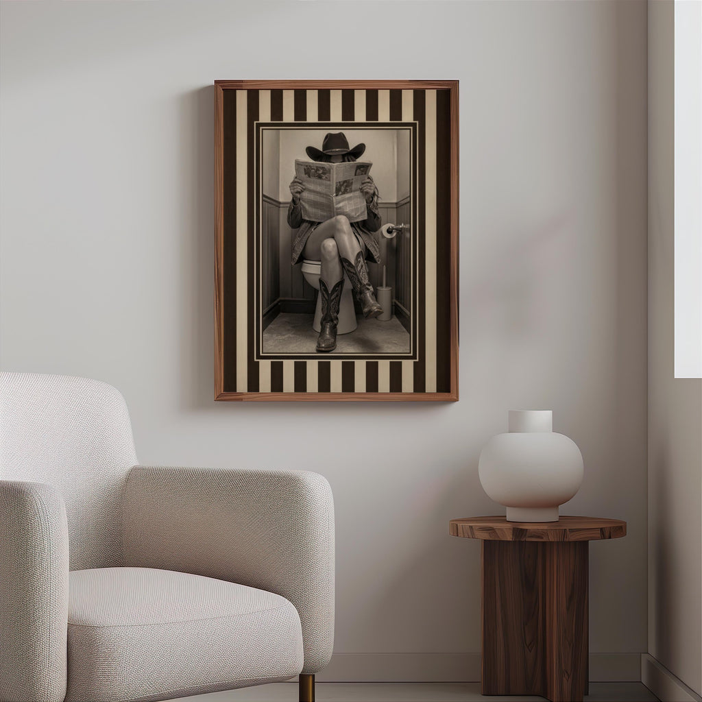 Small framed vintage cowgirl print hung above a modern side table and boucle chair, quirky powder room decor, funny cowgirl bathroom wall art