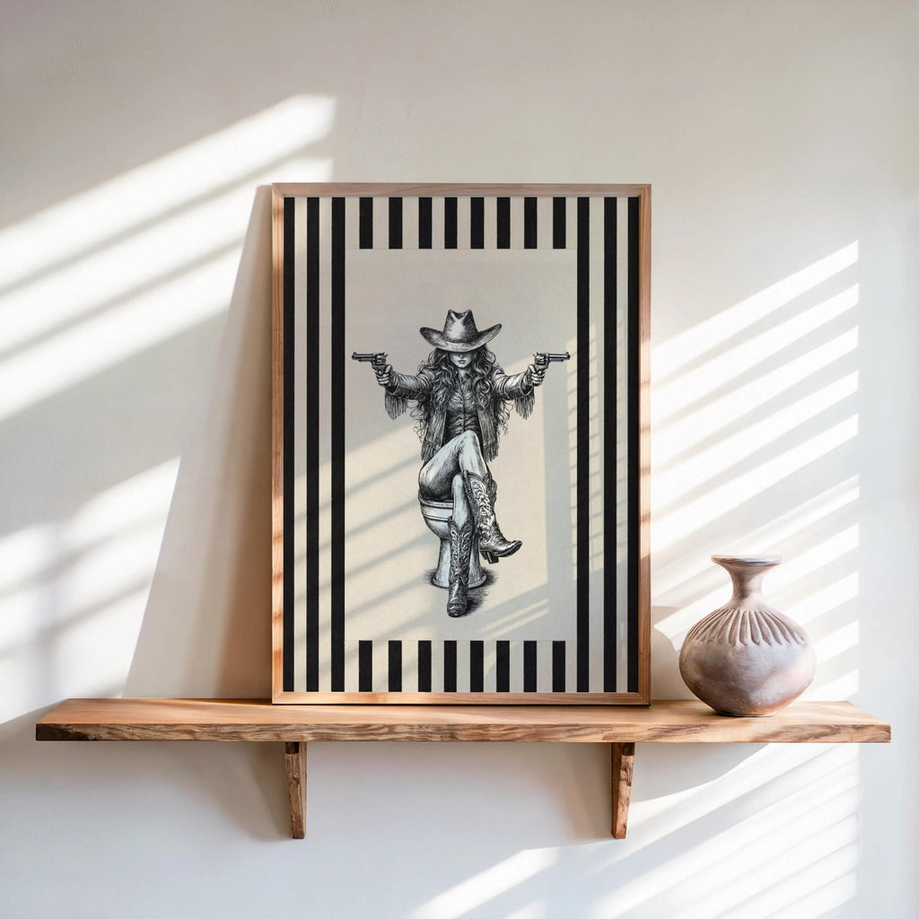 Framed cowgirl on toilet print leaning on rustic shelf, sunlight stripes, funny cowgirl bathroom wall art