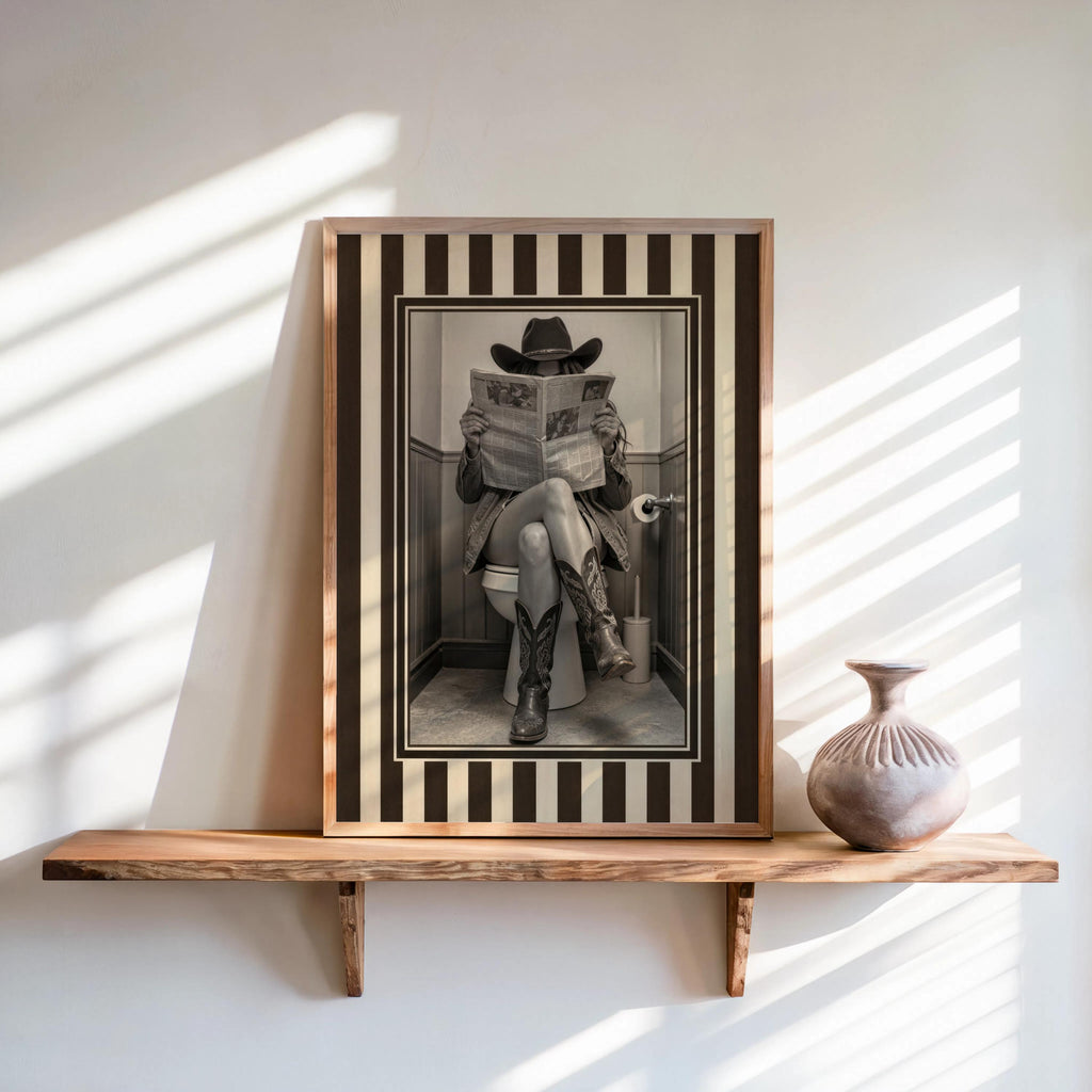 Sunlit floating shelf, framed sepia cowgirl on a toilet with striped western border, funny cowgirl bathroom wall art