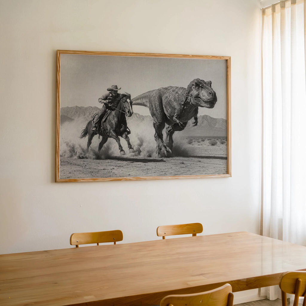 Framed cowboy dinosaur wall art hung above dining table, western dinosaur art print anchors room.