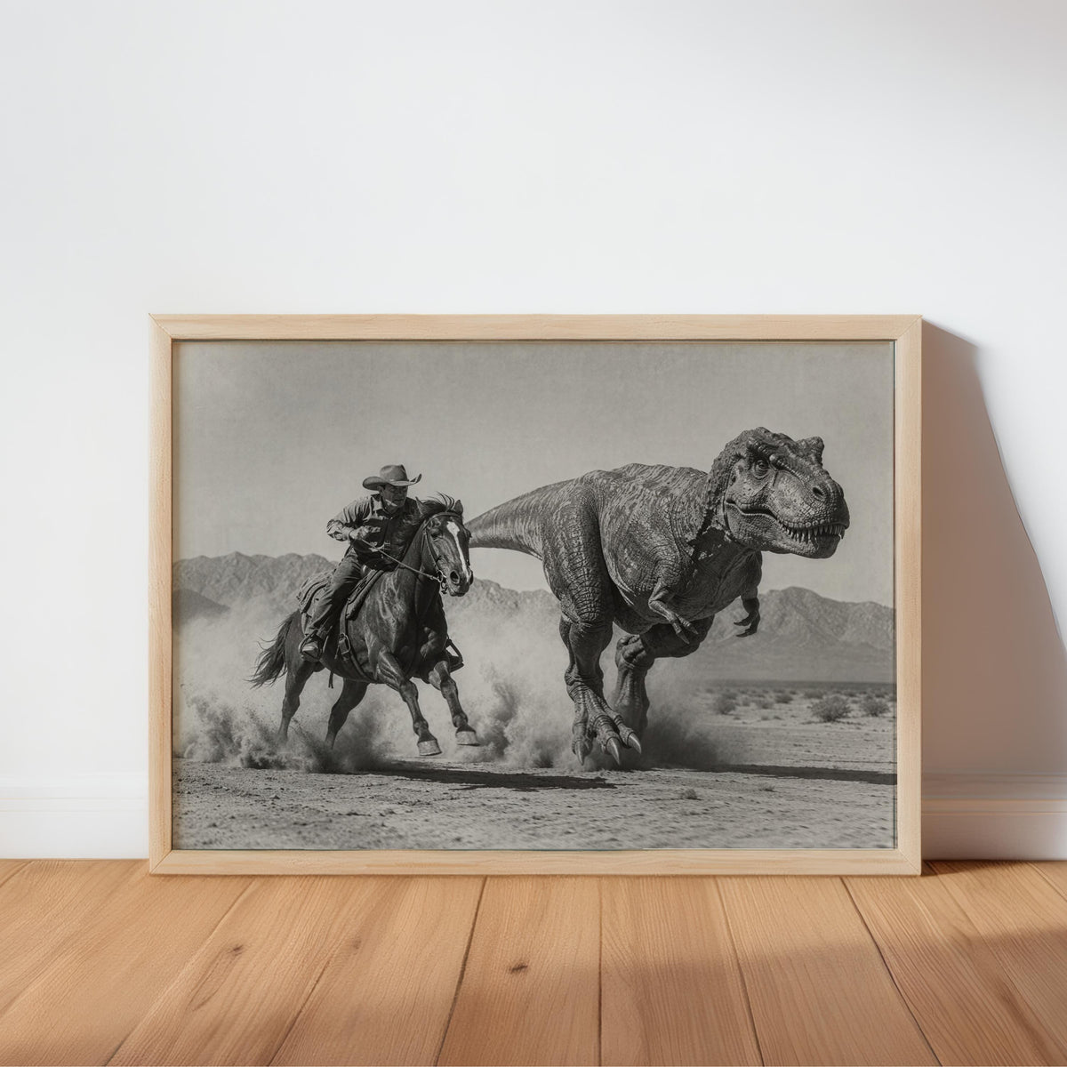 Cowboy dinosaur wall art framed in rustic wood, leaning on pale floor, T-Rex trailing in dust.
