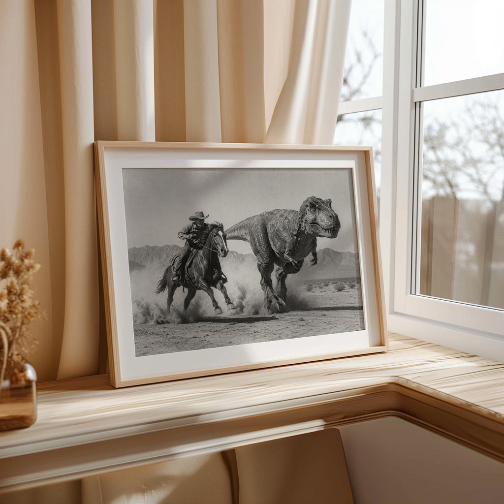 Cowboy dinosaur wall art on windowsill, leaning beside curtains, surreal cowboy wall art in sunlight.
