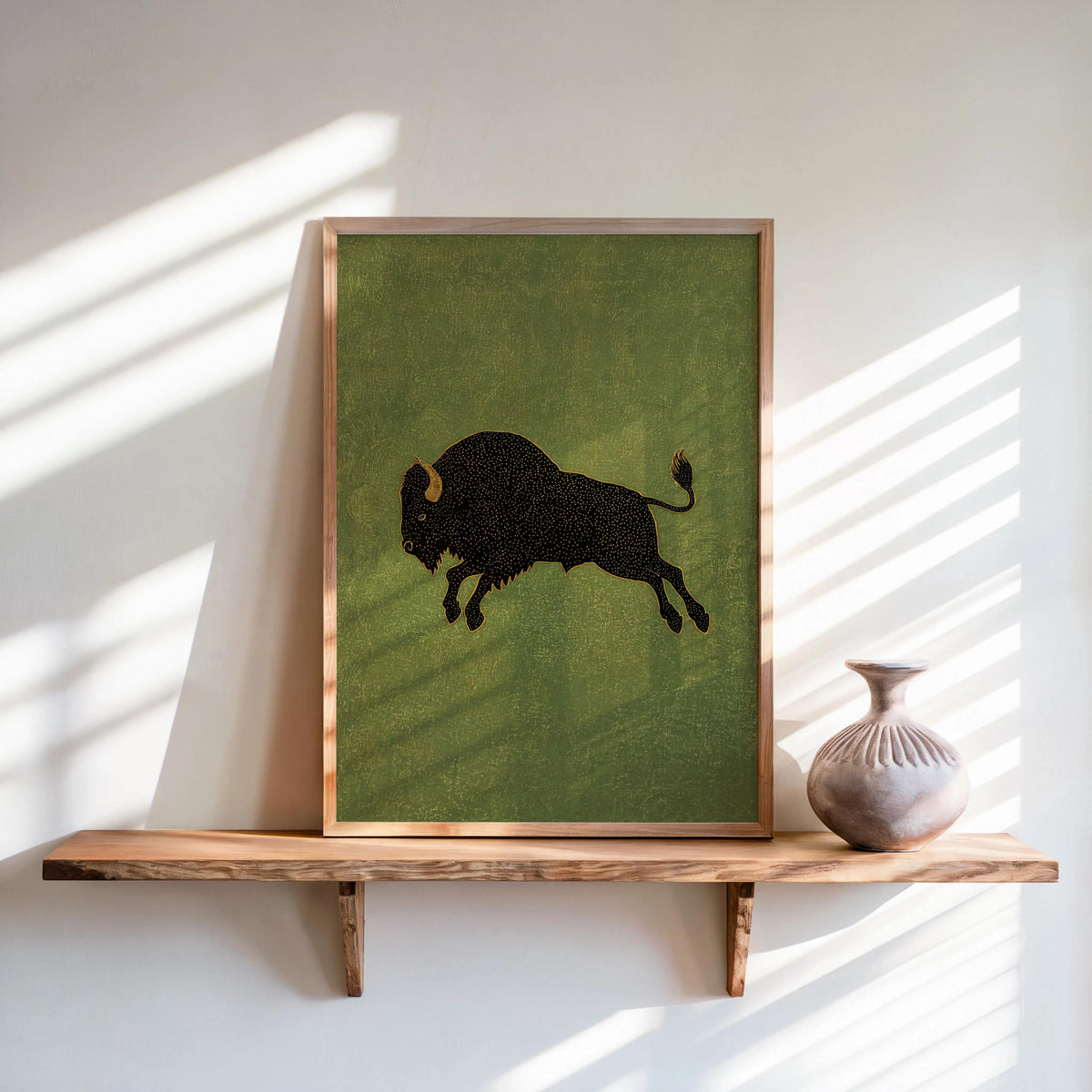 Bison wall art print, buffalo wall art vibe on olive green background, vintage bison print on shelf