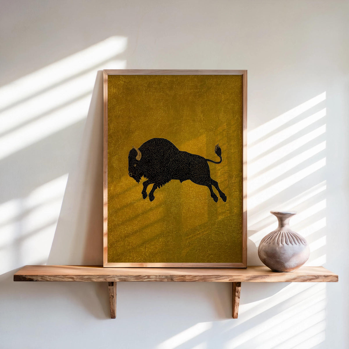 Bison wall art print, black bison illustration on mustard yellow, warm Western wildlife art styling