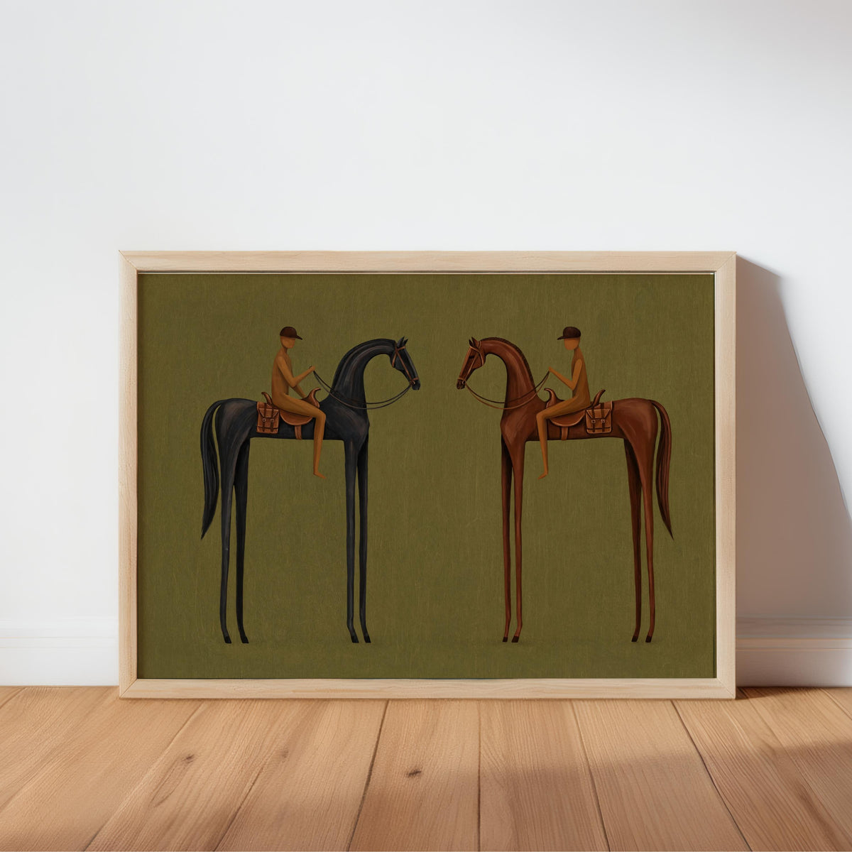 Framed horizontal surreal horse wall art leaning on white wall, olive green, muted earth tones