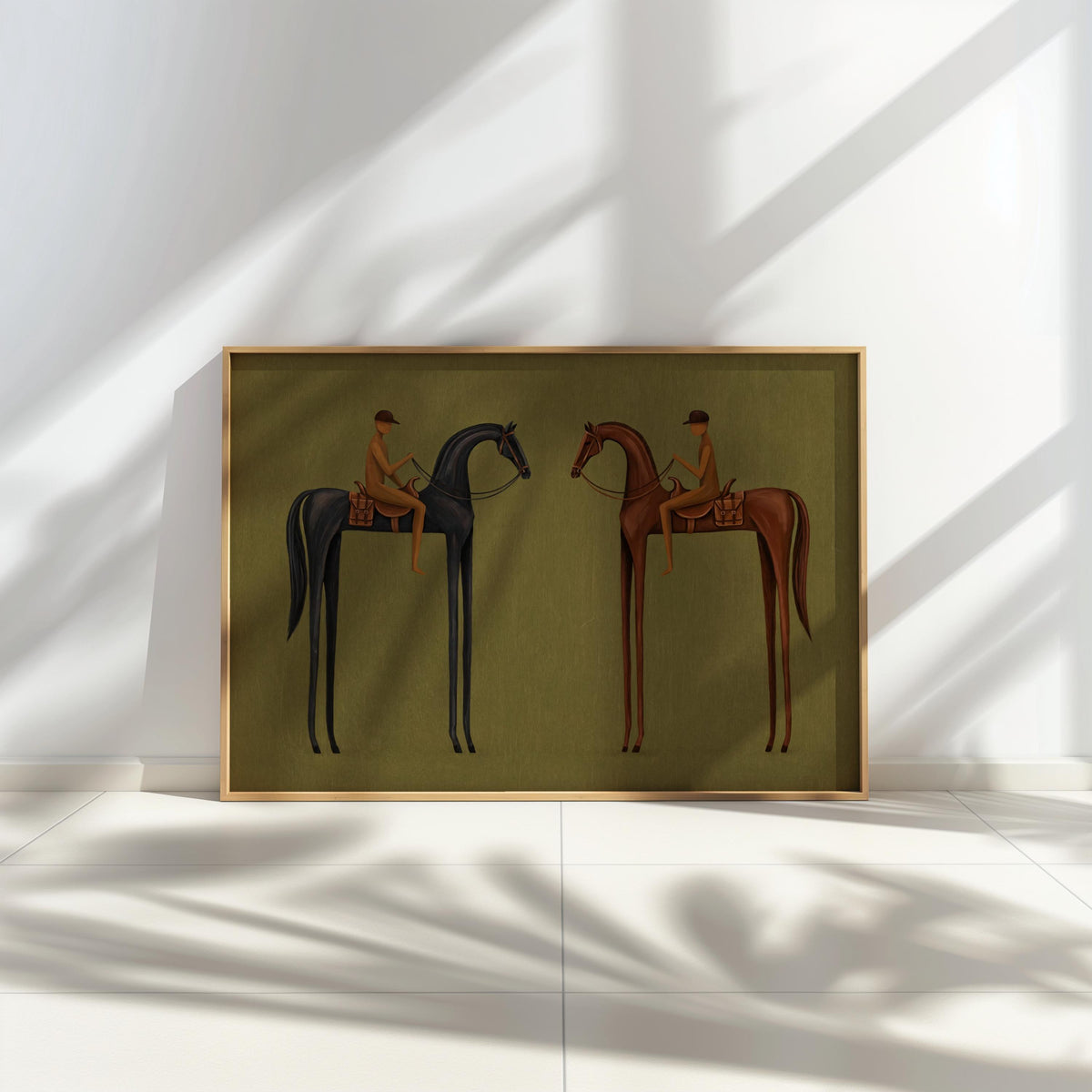 Sunlit shelf with mid century style horse art print leaning, elongated abstract horses, warm shadows