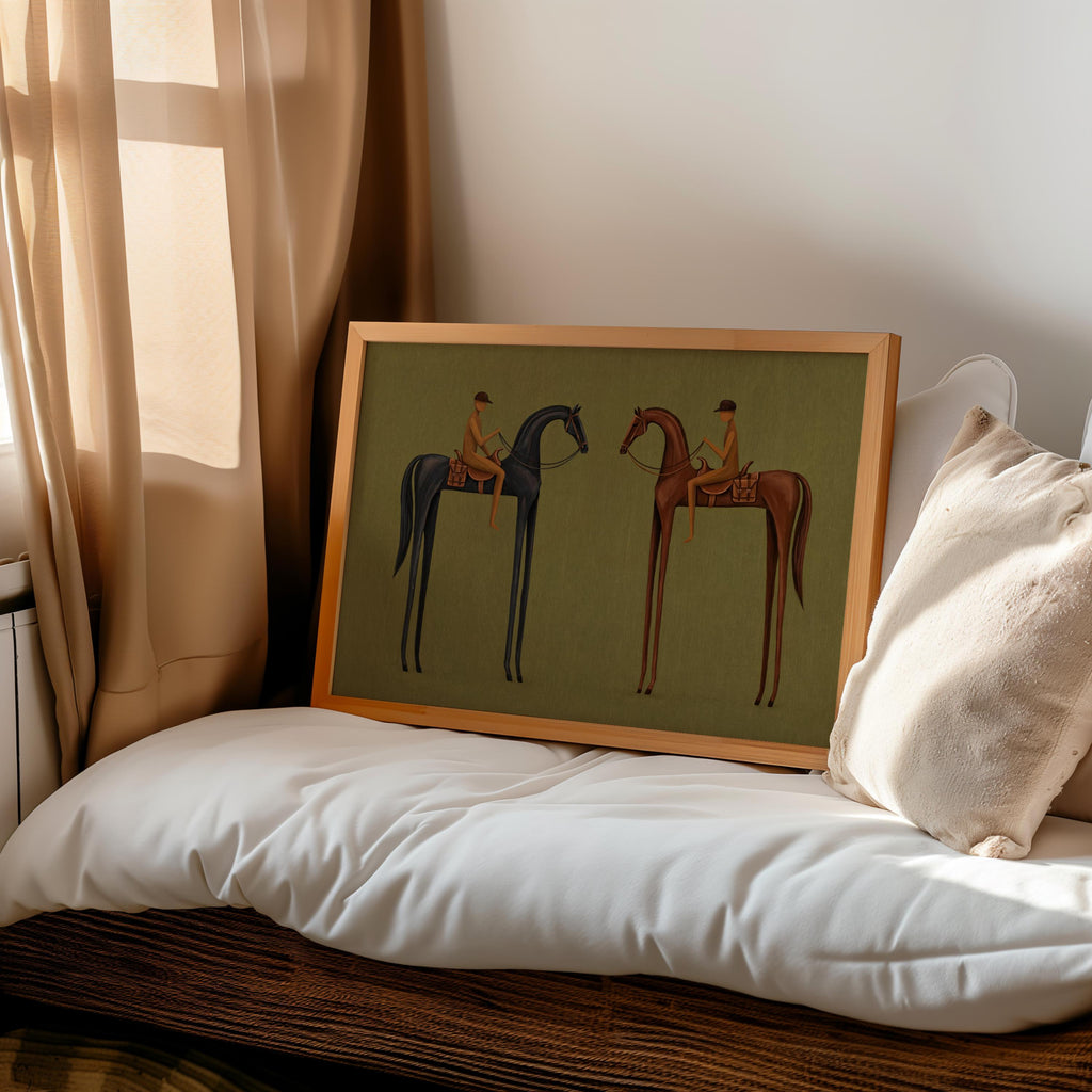 Horizontal surreal equestrian art print propped on cozy floor cushion, warm neutrals, mid century vibe