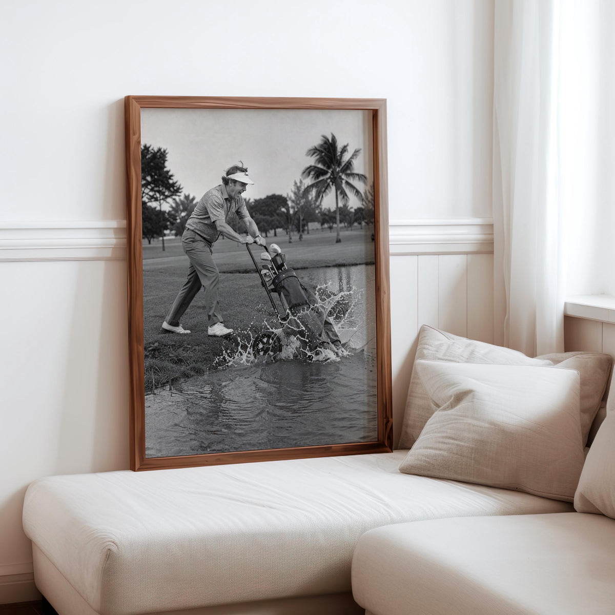 Funny Angry Golfer Art Print, Golf Clubs into Water Pond, Vintage Black and White Photography, Humorous Sports Wall Decor, Man Cave Poster