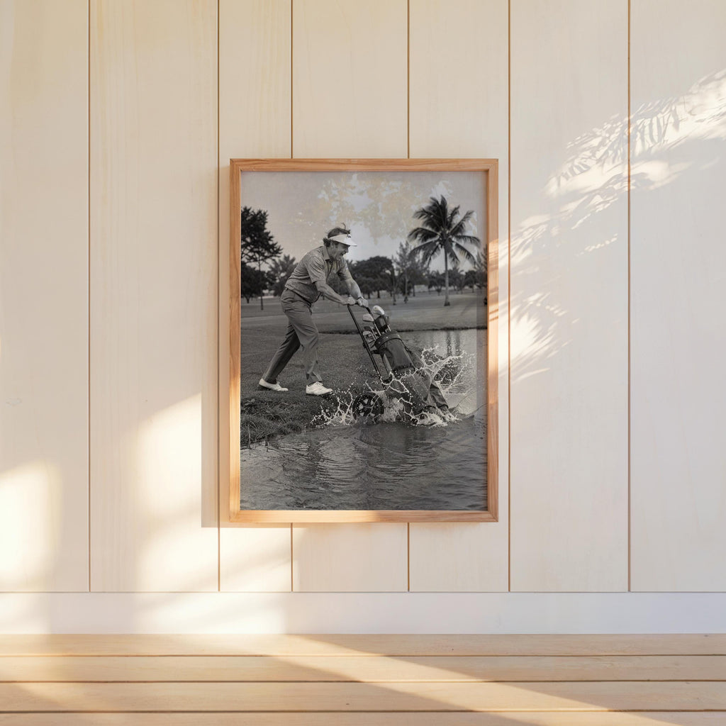 Funny Angry Golfer Art Print, Golf Clubs into Water Pond, Vintage Black and White Photography, Humorous Sports Wall Decor, Man Cave Poster