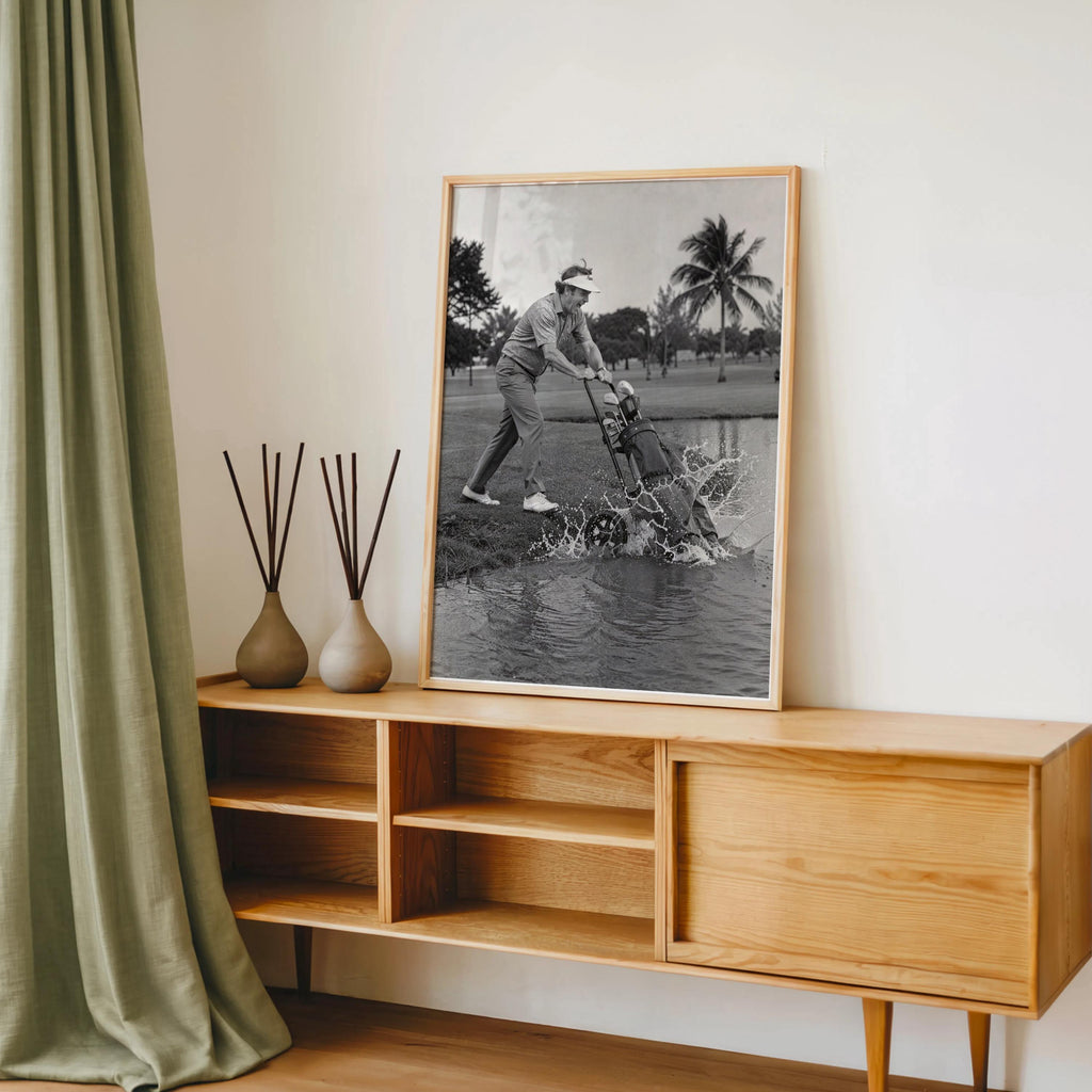 Funny Angry Golfer Art Print, Golf Clubs into Water Pond, Vintage Black and White Photography, Humorous Sports Wall Decor, Man Cave Poster