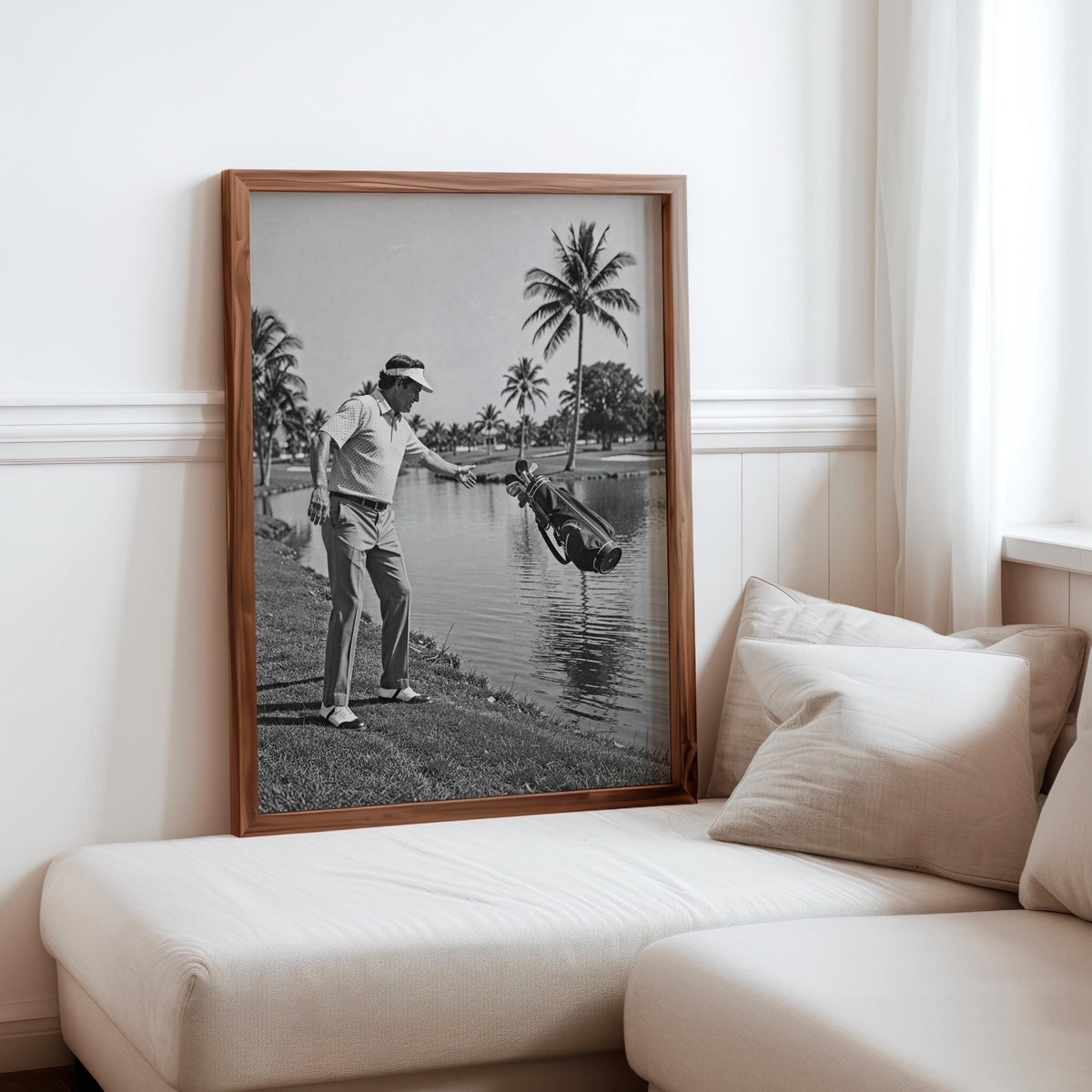 Funny Golf Wall Art Print, Angry Golfer Throwing Clubs into Water Pond, Humorous Black and White Sports Photography, Man Cave Decor Poster